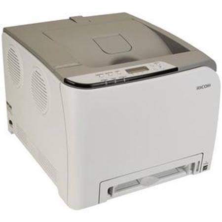 Biela tlačiareň s automatickým podávačom a ovládacím panelom.