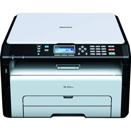 Tlačiareň Ricoh SP 213Nw s ovládacím panelom a papierovou zásuvkou.