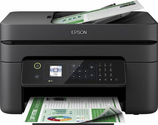 Epson tlačiareň s dotykovým displejom a papierom na tlač.
