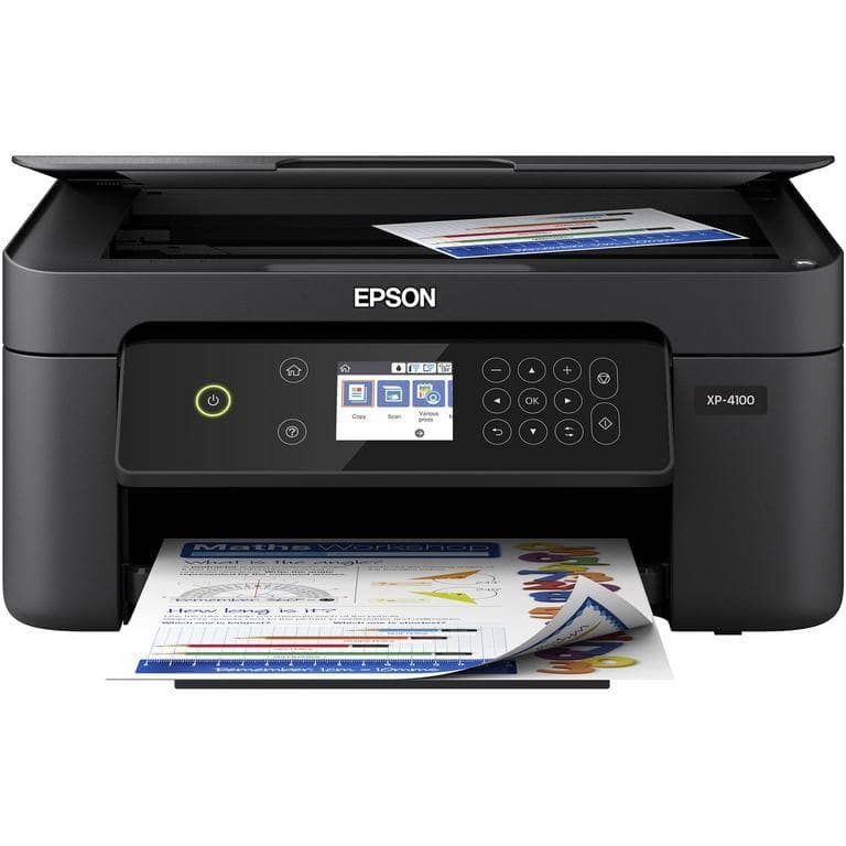 Tlačiareň Epson XP-4100 s farebným displejom a papierom.