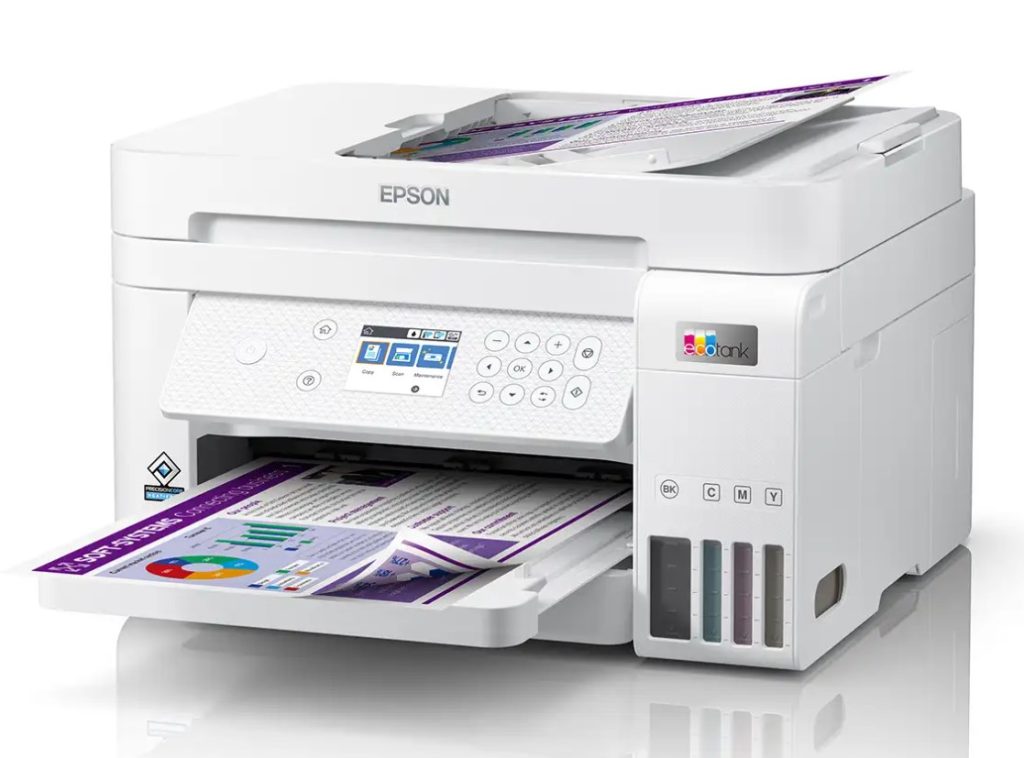 Epson tlačiareň s farebným tlačením a farebnými náplňami.