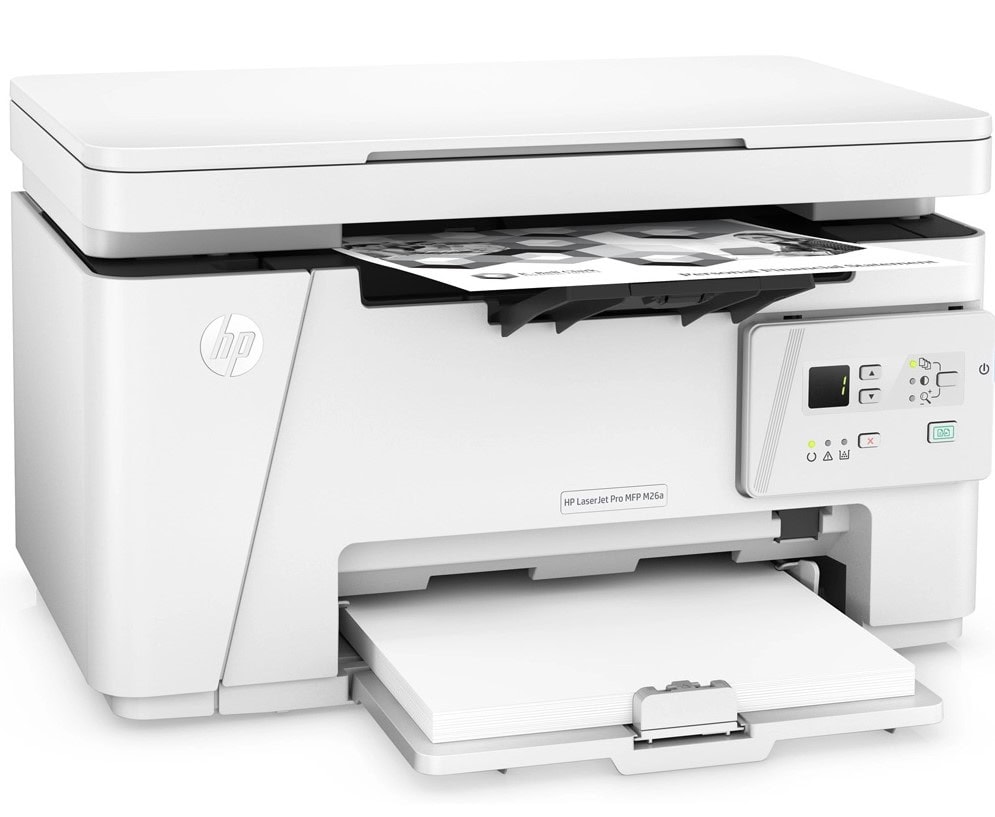 Biela tlačiareň HP LaserJet Pro MFP M426dw s papierovou zásuvkou.