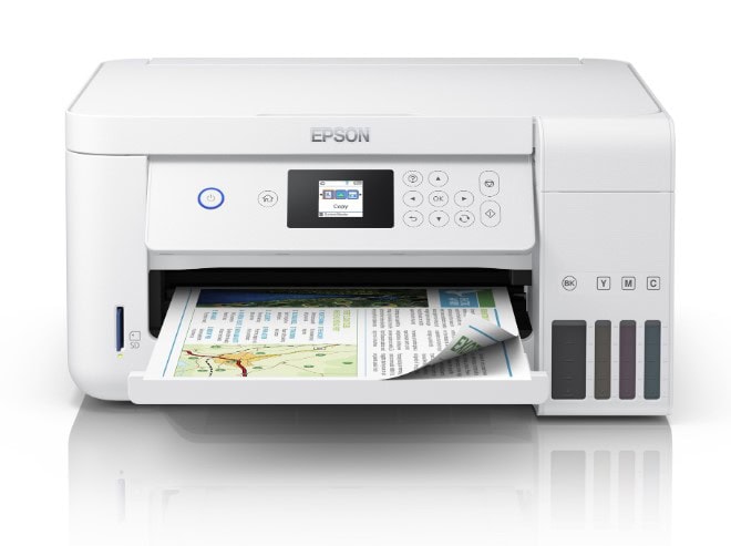 Epson tlačiareň tlačí dokument s farebnými tlačovými náplňami.