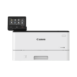 Moderná tlačiareň Canon s dotykovým displejom a zásobníkmi na papier.
