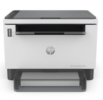 Biela tlačiareň HP s čiernym podstavcom na kancelárske tlače.