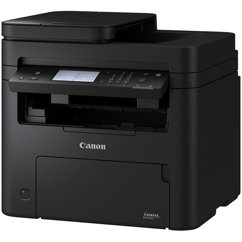 Čiernobiela tlačiareň Canon s dotykovým displejom a skenerom.