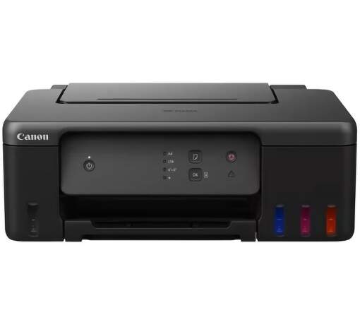 Canon tlačiareň s farebnými zásobníkmi a ovládacím panelom.