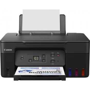 Tlačiareň Canon s papierom a farebnými náplňami.