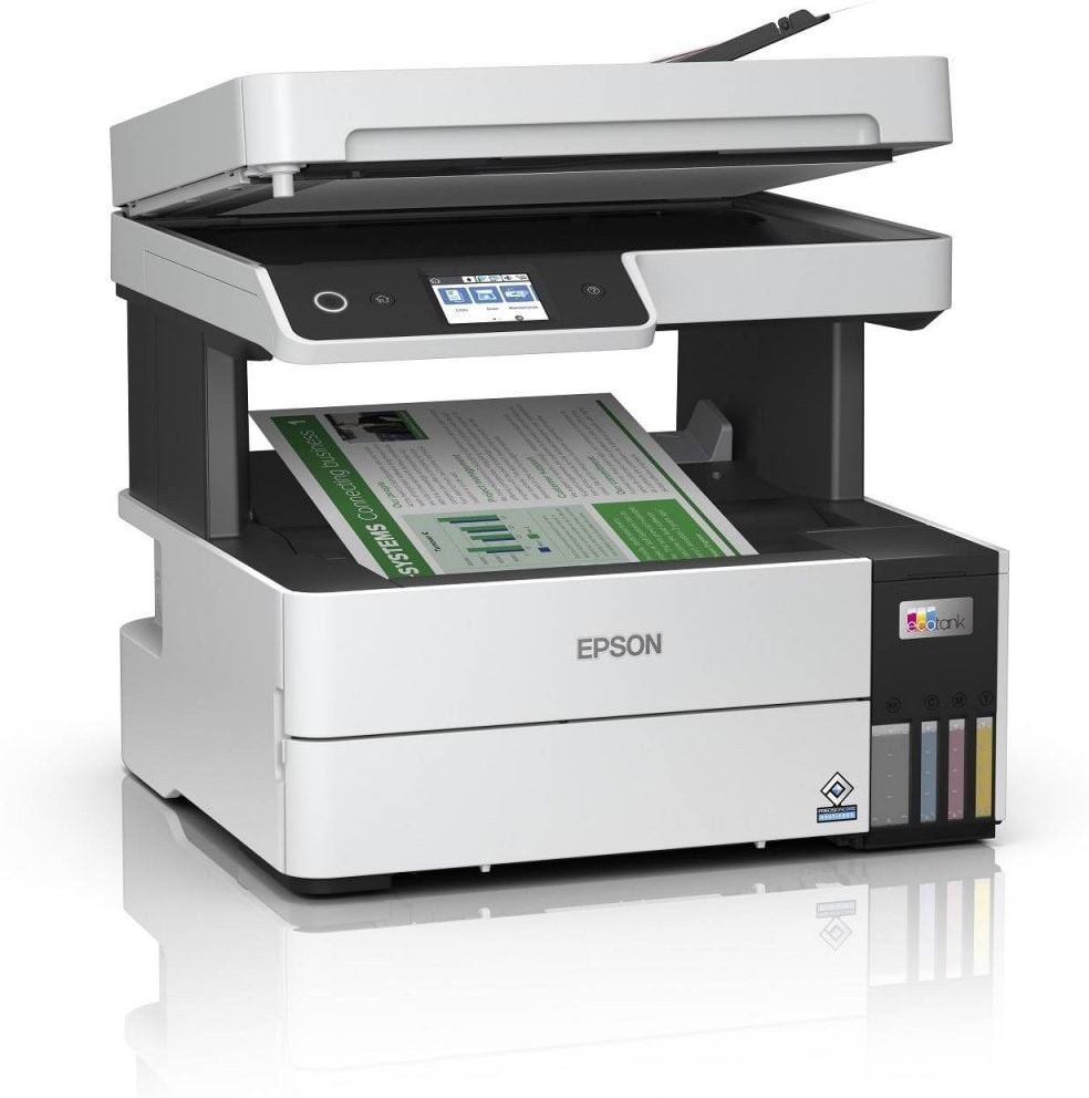Moderná tlačiareň Epson s dotykovým displejom a viacfarebným zásobníkom.