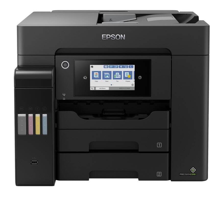 Epson multifunkčná tlačiareň s dotykovým displejom a zásobníkmi na toner.