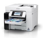 Moderná tlačiareň Epson s dotykovým displejom a papierom v zásobníku.