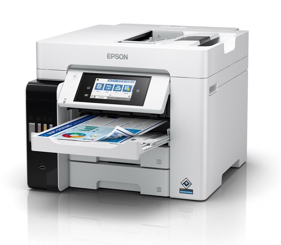 Moderná tlačiareň Epson s dotykovým displejom a papierom v zásobníku.