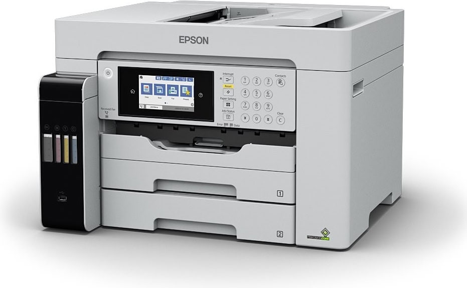 Epson multifunkčná tlačiareň s farebným displejom a zásobníkmi.