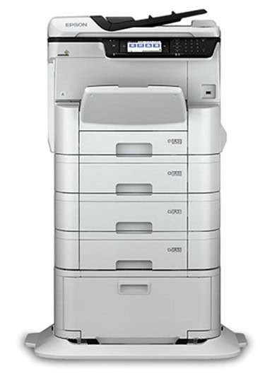 Moderná viacfunkčná tlačiareň Epson WorkForce Pro s farebným displejom.