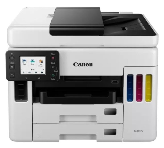 Moderná tlačiareň Canon MAXIFY s farebnými zásobníkmi.