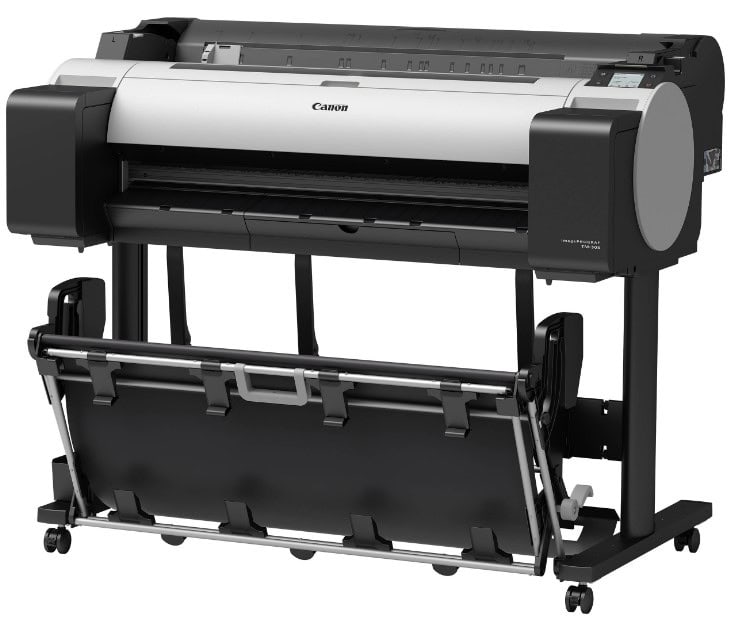 Profesionálna tlačiareň Canon s podávačom papiera a veľkým formátom.