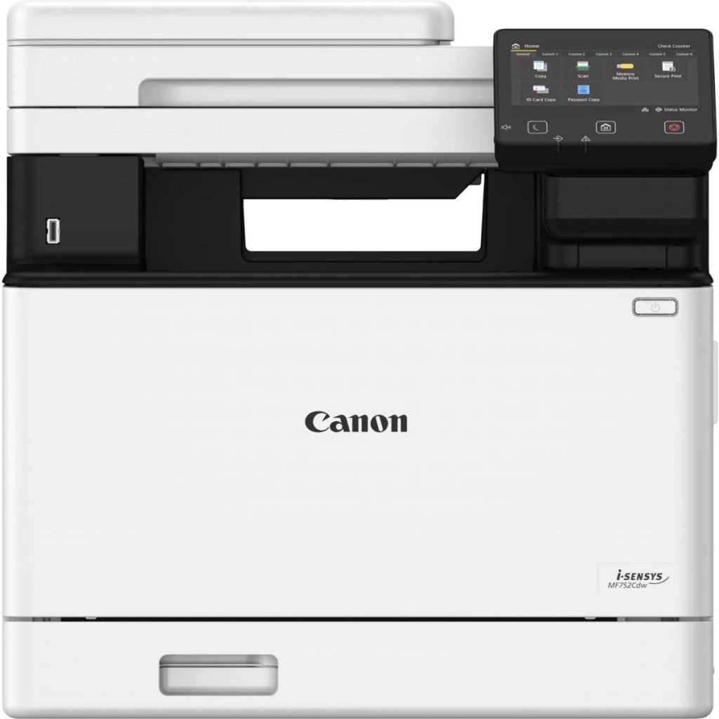 Moderná tlačiareň Canon s dotykovým displejom a zásobníkmi na papier.