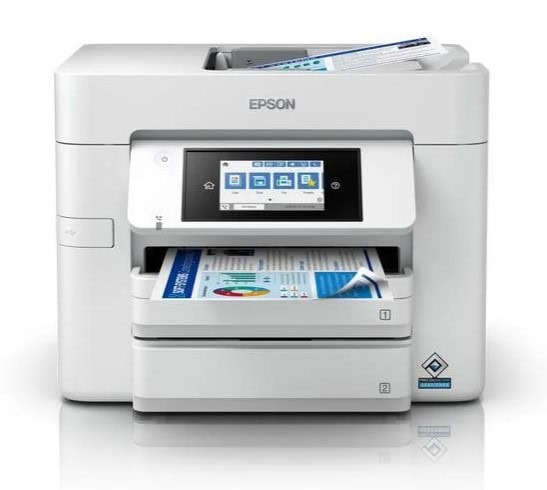 Moderná tlačiareň Epson s dotykovým displejom a papierom.