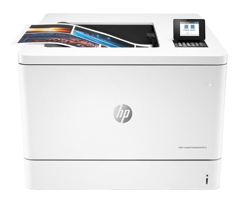 Moderná tlačiareň HP Color LaserJet s dotykovým displejom a automatickým podávaním papiera.
