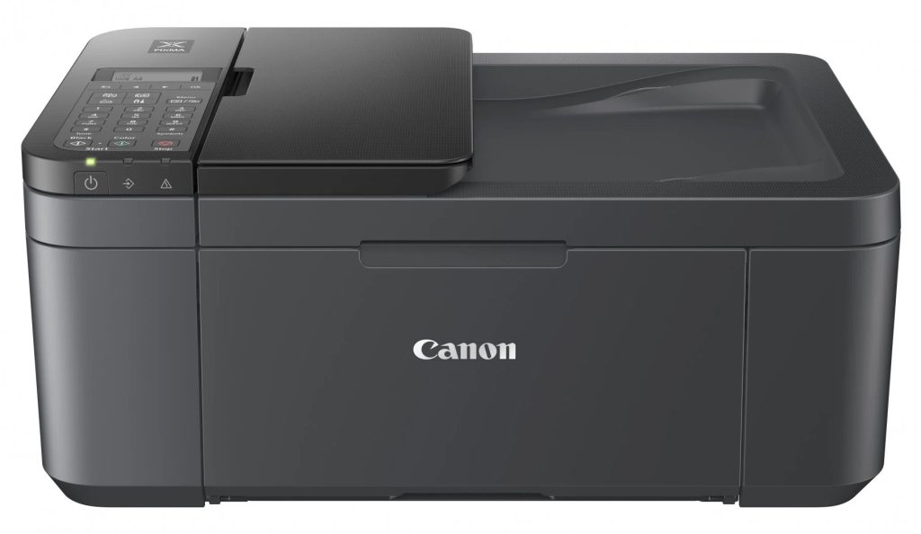 Moderná tlačiareň Canon s dotykovým displejom a zásobníkom.