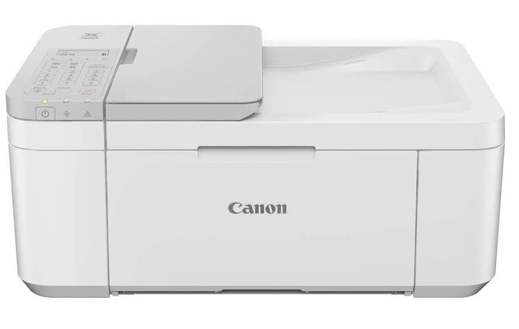 Biela tlačiareň Canon s ovládacím panelom a zásobníkom papiera.