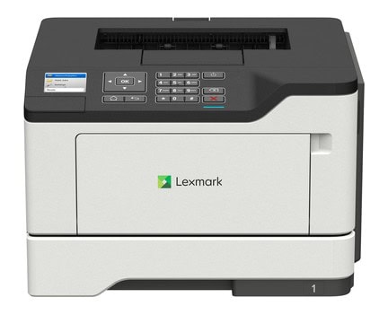 Kancelárska tlačiareň Lexmark s ovládacím panelom a zásobníkom papiera.