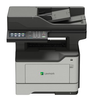Kancelárska tlačiareň Lexmark s dotykovým displejom a zásobníkom.