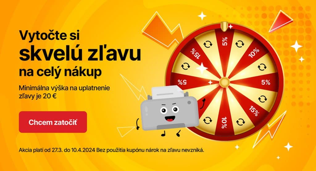 Koleso šťastia s tlačiarňou a zľavami na toner a náplne.