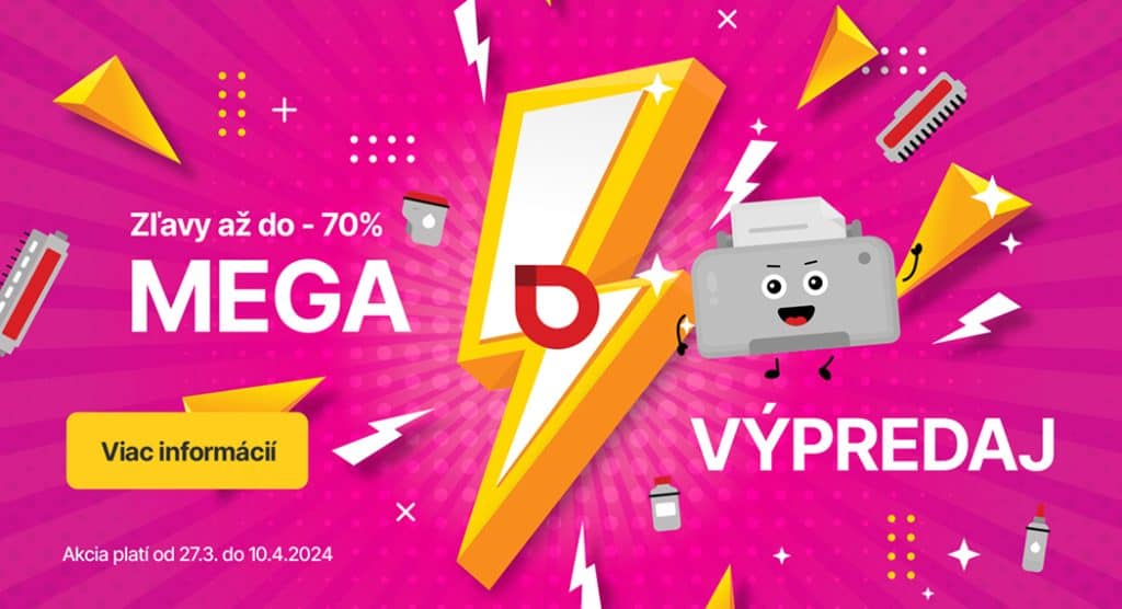 Obrázok s ponukou mega výpredaja tonerov a náplní do tlačiarní.