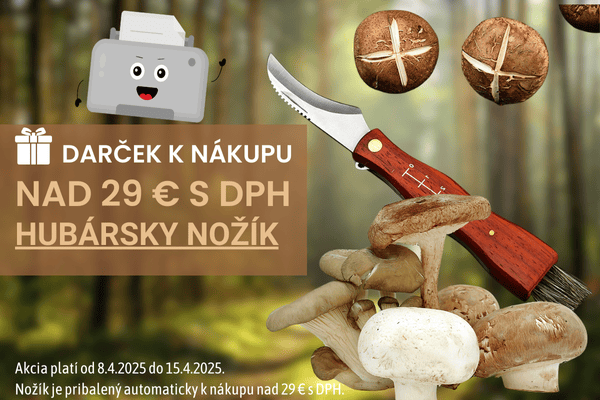 Hubársky nožík s drevenou rukoväťou a prírodnými hubami v lese.