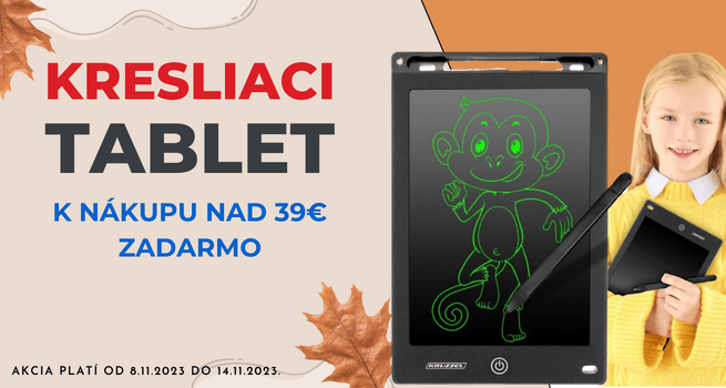 Detský kresliaci tablet s ceruzkou a usmievajúcim sa dieťaťom.