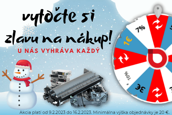 Kolotoč šťastia s tlačiarňou a snehuliakom na pozadí.