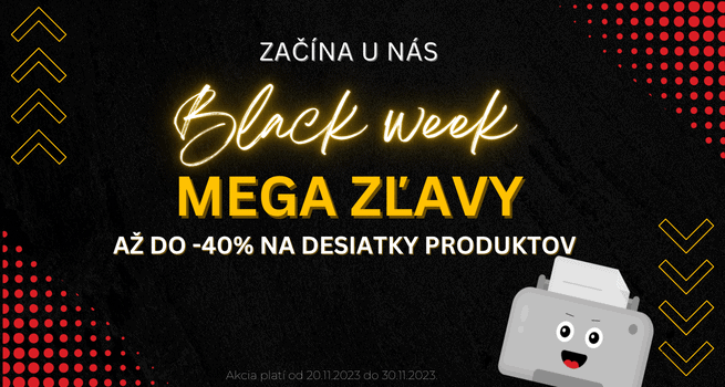 Propagačný banner Black week s 40% zľavou na tlačiarne toner a náplne.