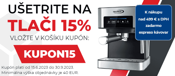 Tlačiareň s kávovarom a zľavový kupón na toner a náplne.